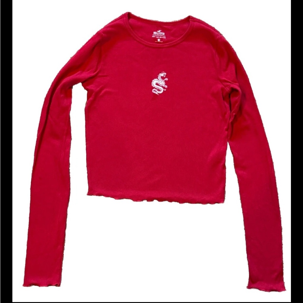 Hollister Fitted Cropped Long Sleeve Womens Junior Size S Red with Dragon design